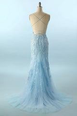 Blue Lace Mermaid Backless Prom Dress Tulle Evening Dress