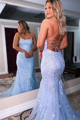 Blue Lace Mermaid Backless Prom Dress Tulle Evening Dress