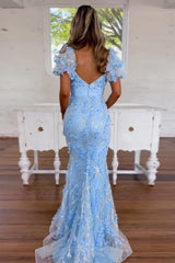 Blue Mermaid Floral Long Prom Dress with Short Sleeves
