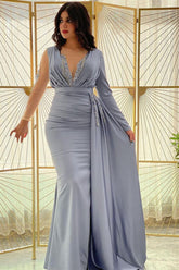 Blue Mermaid Prom Dress Long Sleeve Beaded Evening Dress