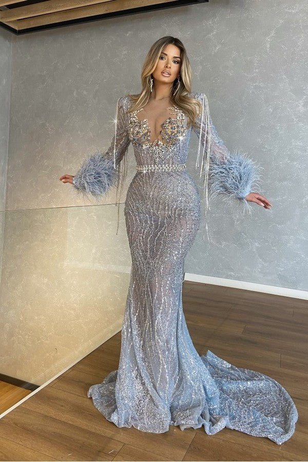 Blue Mermaid Prom Dress Long Sleeve Evening Dress