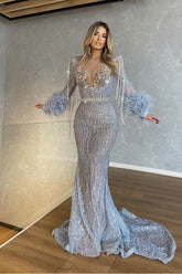Blue Mermaid Prom Dress Long Sleeve Evening Dress
