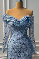 Blue Mermaid Prom Dress Long Sleeve Off the Shoulder Sequined Evening Dress