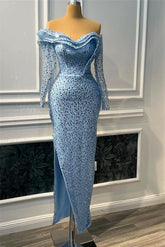 Blue Mermaid Prom Dress Long Sleeve Off the Shoulder Sequined Evening Dress