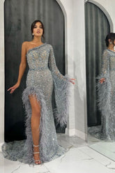 Blue Mermaid Prom Dress Long Sleeve One Shoulder Beaded Evening Dress