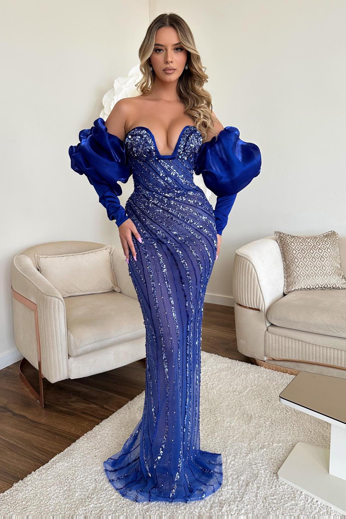 Blue Mermaid Prom Dress Long Sleeve Sweetheart Beaded Evening Dress