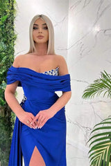Blue Mermaid Prom Dress Off the Shoulder Beaded Evening Dress