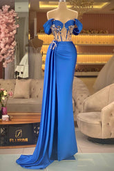 Blue Mermaid Prom Dress Off the Shoulder Beaded Evening Dress