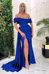 Blue Mermaid Prom Dress Off the Shoulder Beaded Evening Dress
