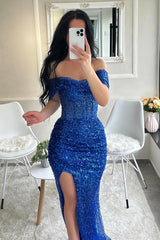 Blue Mermaid Prom Dress Off the Shoulder Sequined Evening Dress
