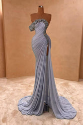 Blue Mermaid Prom Dress One Shoulder Beaded Evening Dress
