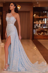 Blue Mermaid Prom Dress One Shoulder Sequined Evening Dress