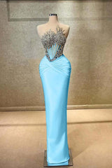 Blue Mermaid Prom Dress Sleeveless Beaded Evening Dress