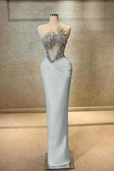 Blue Mermaid Prom Dress Sleeveless Beaded Evening Dress