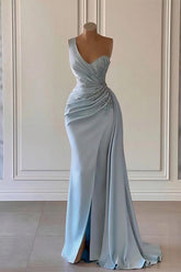 Blue Mermaid Prom Dress Sleeveless Beaded One Shoulder Evening Dress