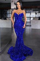 Blue Mermaid Prom Dress Sleeveless Sequined Spaghetti Straps Evening Dress