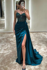 Blue Mermaid Prom Dress Sleeveless Spaghetti Straps Beaded Evening Dress