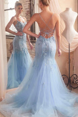 Blue Mermaid Prom Dress Sleeveless Spaghetti Straps Evening Dress With Lace Appliques