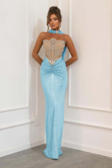 Blue Mermaid Prom Dress Sleeveless Strapless Beaded Evening Dress