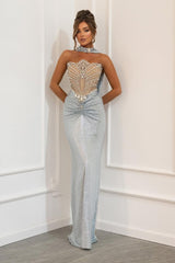 Blue Mermaid Prom Dress Sleeveless Strapless Beaded Evening Dress