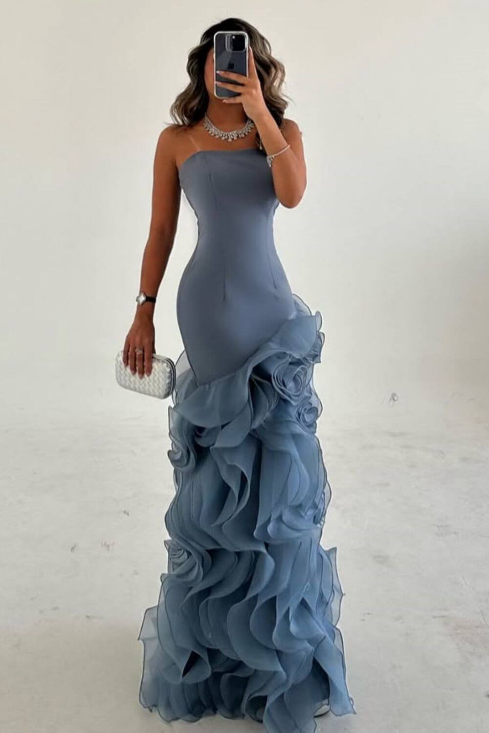 Blue Mermaid Prom Dress Sleeveless Strapless Ruffled Organza Evening Dress
