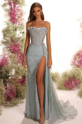 Blue Mermaid Prom Dress Sleeveless Strapless Sequined Evening Dress