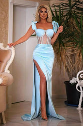 Blue Mermaid Prom Dress Sleeveless Straps Beaded Evening Dress