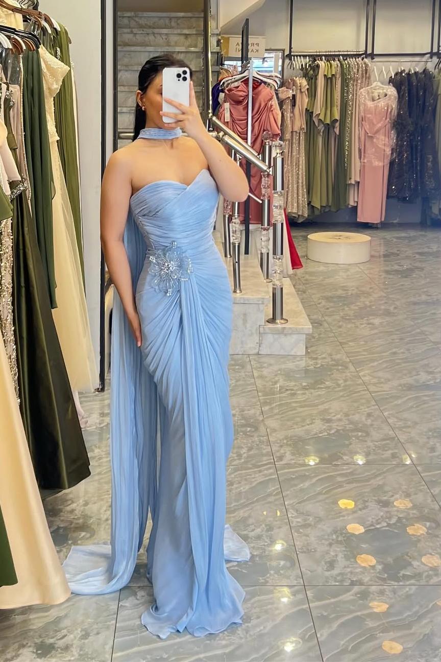 Blue Mermaid Prom Dress Sleeveless Sweetheart Evening Dress With 3D Flowers