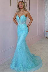 Blue Mermaid Prom Dress Sleeveless Sweetheart Evening Dress With Lace Appliques