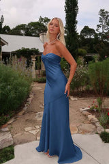 Blue Mermaid Prom Dress Sleeveless Sweetheart Satin Evening Dress