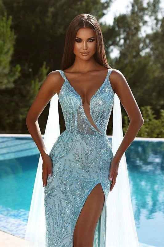 Blue Mermaid Prom Dress Sleeveless V Neck Sequined Evening Dress