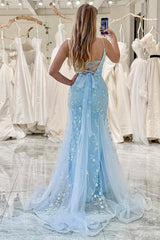 Blue Mermaid Prom Dress Spaghetti Straps Appliqued Long Evening Dress