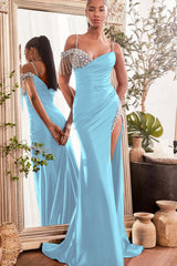 Blue Mermaid Prom Dress Spaghetti Straps Beaded Evening Dress