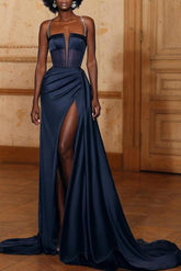 Blue Mermaid Prom Dress Spaghetti Straps Beaded Evening Dress