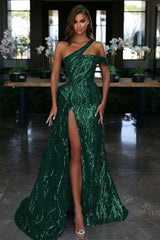 Blue One Shoulder Evening Dress with Sequin Slit