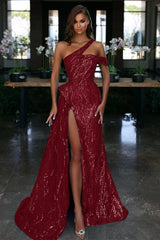 Blue One Shoulder Evening Dress with Sequin Slit