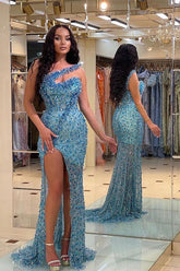 Blue One Shoulder Mermaid Prom Dress Sleeveless Sequined Evening Dress