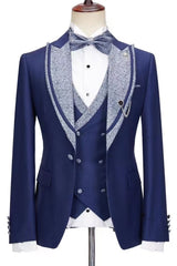 Blue Peaked Lapel Three Piece Wedding Suit Newest