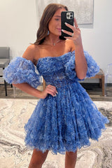 Blue Printed Homecoming Dress Detachable Sleeves Ruffled Short Cocktail Dress