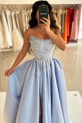 Blue Prom Dress A Line Strapless Sleeveless Sequined Beaded Satin Formal Dress With Rhinestones And Pearls