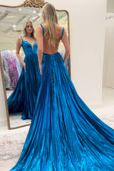 Blue Prom Dress Backless Metallic A Line Long Formal Dress