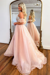 Blue Prom Dress Beaded Detachable Short Sleeves A Line Long Evening Dress with Slit