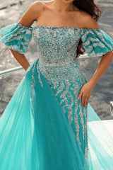 Blue Prom Dress Column Strapless Off The Shoulder Sleeveless Sequined Panel Train Tulle Formal Dress