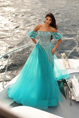 Blue Prom Dress Column Strapless Off The Shoulder Sleeveless Sequined Panel Train Tulle Formal Dress
