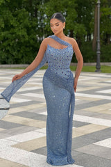 Blue Prom Dress Column Strapless Sleeveless Beaded Sequined Formal Dress With Rhinestones