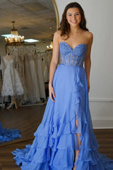 Blue Prom Dress Corset Ruffled Chiffon Long Formal Dress With Slit