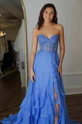 Blue Prom Dress Corset Ruffled Chiffon Long Formal Dress With Slit