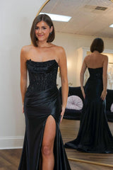 Dreamyannie Fuchsia Prom Dress Mermaid Appliques Ruche Long Evening Dress With Slit