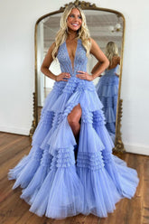 Blue Prom Dress Halter Tiered Corset Long Evening Dress with Slit