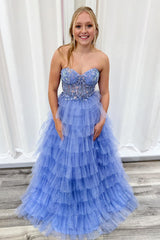 Blue Prom Dress Lace Tiered Sweetheart A Line Long Formal Dress